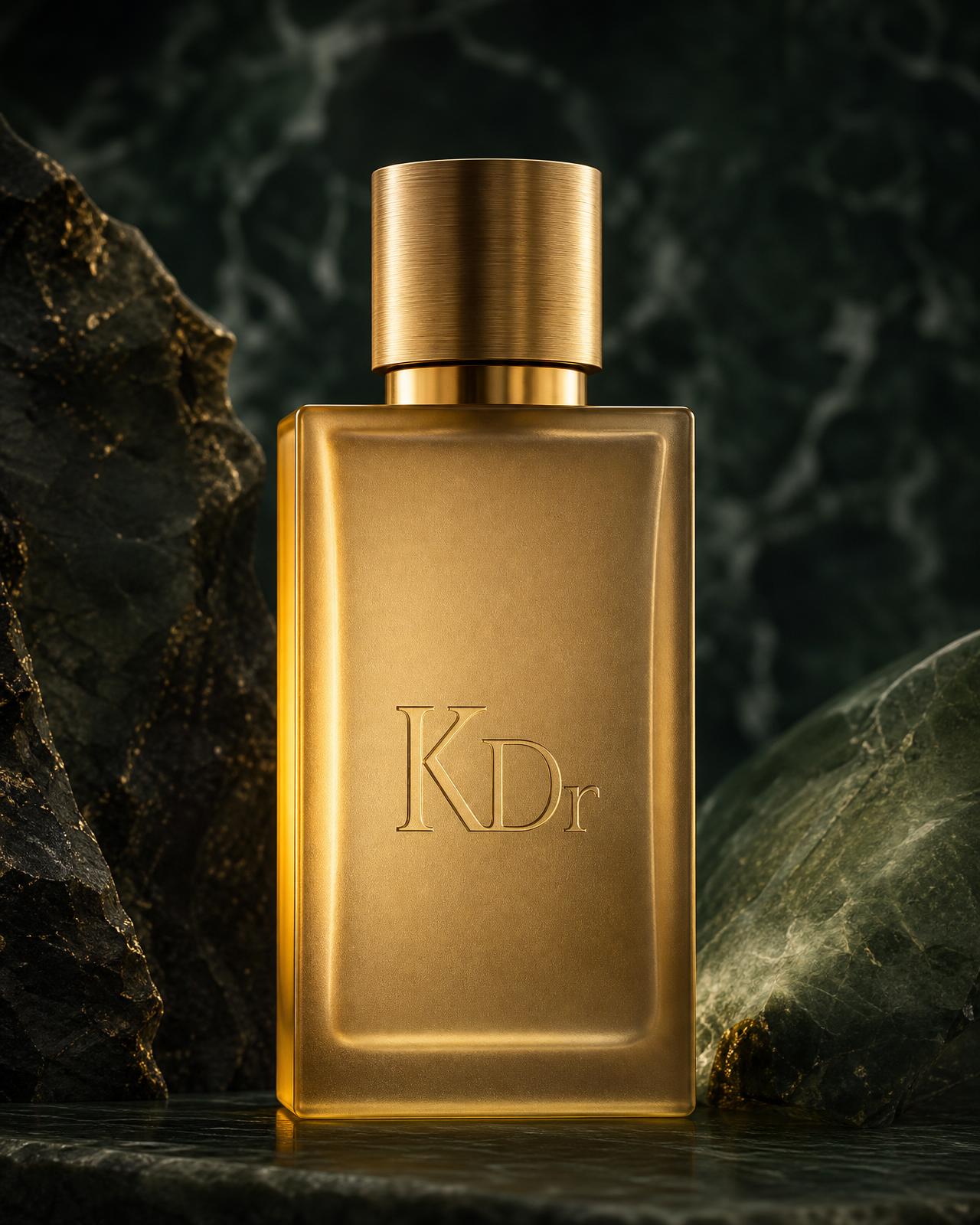 KDr frosted-gold flacon, debossed logo, brushed gold cap